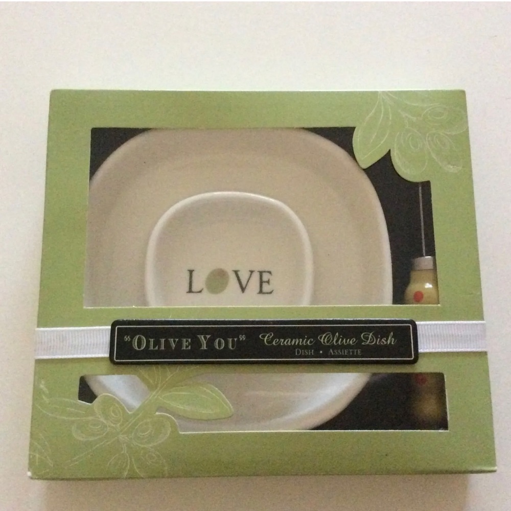New Kate Aspen "Olive You" Olive Tray Dish with Olive Spreader 4.5"